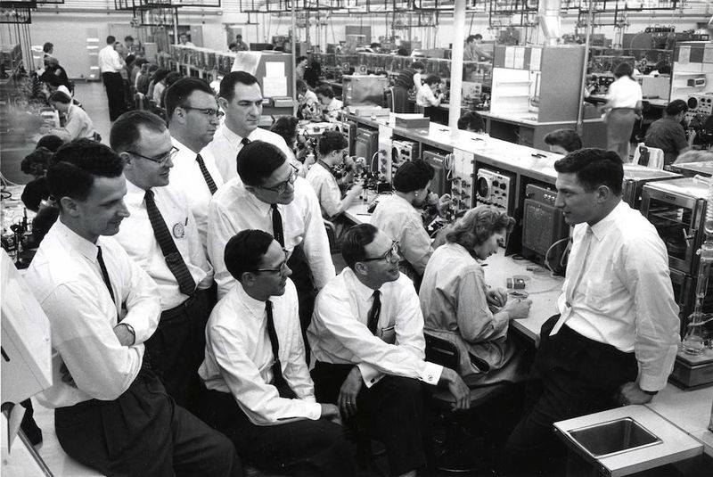 The Fairchild founders in 1961. Rear row from left: Victor Grinich, Gordon Moore, Julius Blank, Eugene Kleiner. Front row: Jay Last, Jean Hoerni, Sheldon Roberts, and Robert Noyce. Photo © Wayne Miller/Magnum Photos